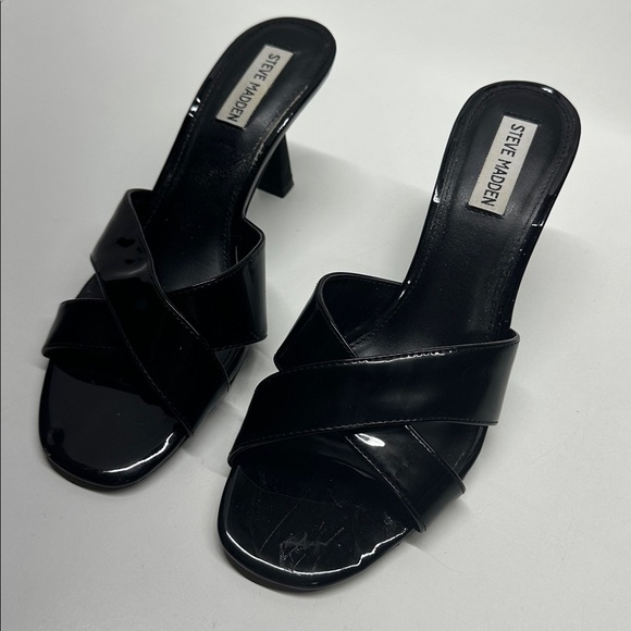 Steve Madden Hazel High Heels Shoes Patent Shiny Leather Open Toe Black Size 9.5 - Picture 3 of 10
